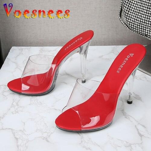Voesnees Womens Slippers 2021 Summer New Leopard Print Slides PVC Crystal Open Toe Sandals Ladies Shoes Transparent High Heels