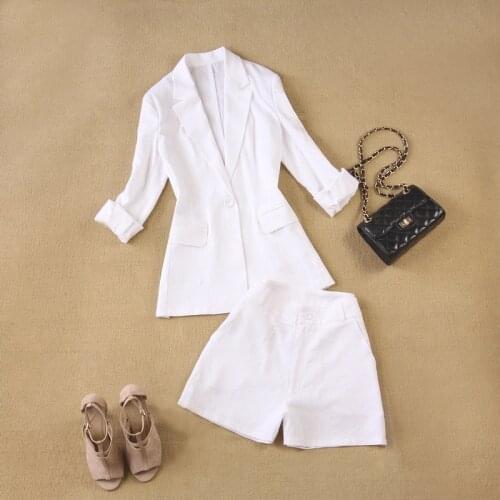2 Piece Set Breathable Women Suit Women 2021 Summer New Style Linen White Office Ladies OL Uniform Jacket + Shorts Suit