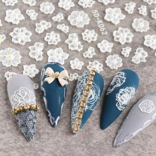 5D Charms Embossed Flower Lace Nail Stickers Flower Lace White Engraved Design With Textured Slider Decals for Manicure