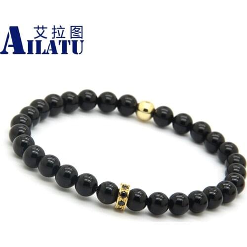 Ailatu High Grade Jewelry 6mm A Grade Black Onyx with Micro Inlay Black Zircons Spacer Cz Lucky Bracelet