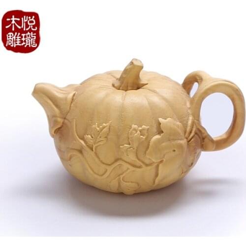 Wood Carving Pumpkin Teapot Wood Crafts Handle Decoration Home Desktop Decoration (A962)