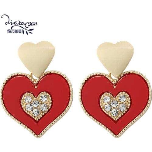 Dvacaman 2021 Trendy Enamel Rhinestone Multilayered Heart Earrings Women Metal Red Black Love Heart Drop Dangle Earrings Jewelry