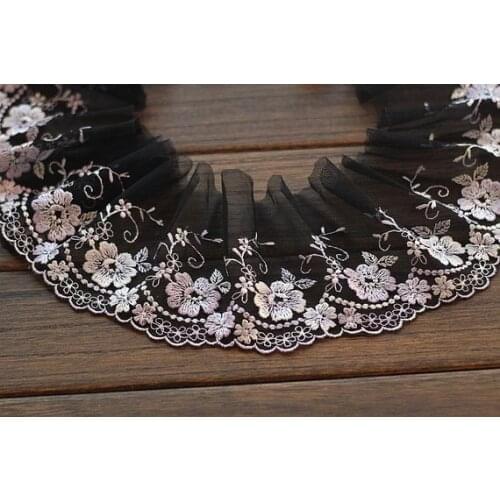 2 Yards Lace Trim Pink Floral Embroidered Black Tulle Lace Trim 3.93 Inches Wide High Quality