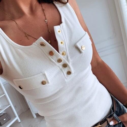 Summer Womens Tank Top Slim Fit Button Tops Solid Color Sexy Vest V-neck Casual Vest Sleeveless T Shirt Women Cotton Tank Tops