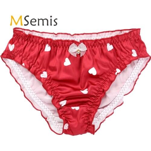 Mens Sissy Crossdress Cosplay Silky Briefs Cartoon Hearts Print Elastic Waist Ruffled Lace Mesh Bowknot Briefs Panties Underwear