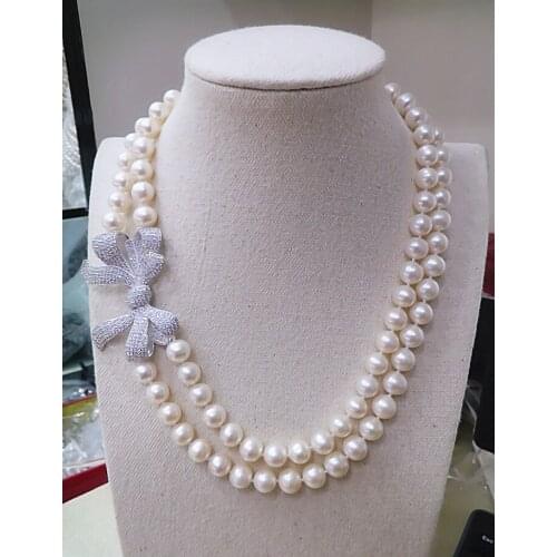 Genuine 9-10MM natural pearl necklace double Necklace light pearl Bowknot flower 925 Silver clasp