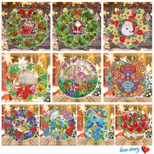 Christmas Diamond Painting DIY Hanging Christmas Flower Wreath Kit Home Door Decor Diamond Painting Night Light with Keychain