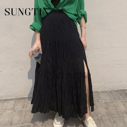 Sungtin Casual Split Simple Long Skirt Spring Women Elastic High Waist Green Skirts Korean Fashion Lady A-line Bottoms Summer