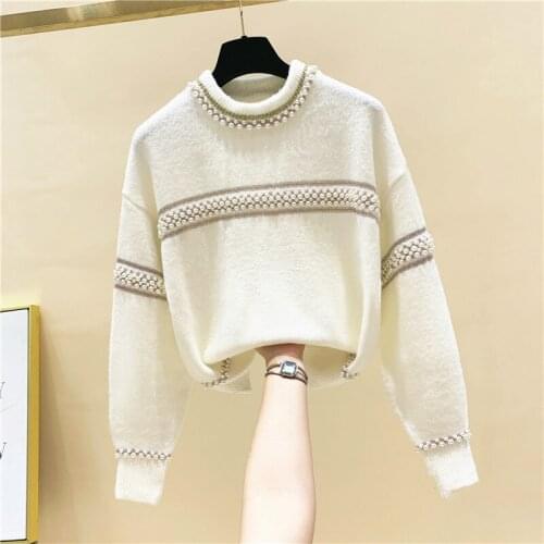 Autumn Winter Warm Turtleneck Sweater Woman New Beads Pullover Striped Loose Short Outer Wear Sweaters Female Lady Jumper Pull