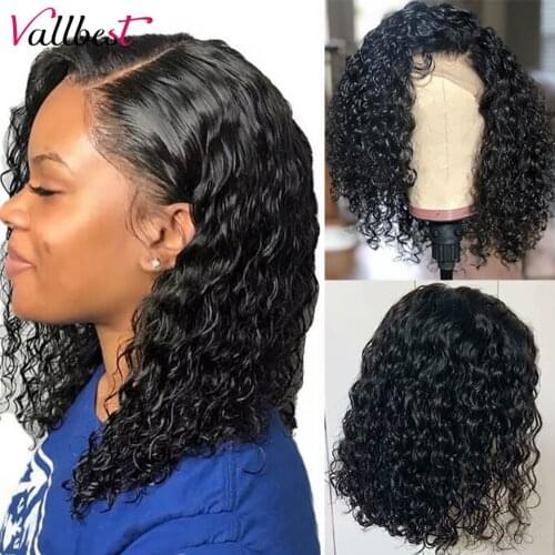 Vallbest Hair Deep Wave Wig Closure Pre Plucked Short Curly Human Hair Wigs Bob Brazilian Loose Deep Wave Lace Closure Wig