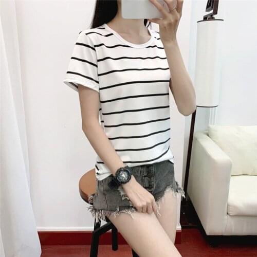 Summer Polyester Womens T-Shirt Round Collar Short Sleeve Pullover White Black Striped Slim Korean Style Fashion Casual T-Shirt