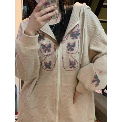 Womens Zip Up Hoodie Butterfly Print Long Sleeve Stylish Cardigan with Pockets Autumn Ladies Loose Oversized Hooded Sweatshirt