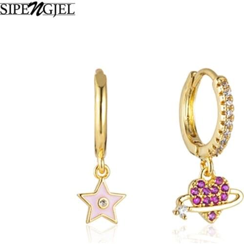 SIPENGJEL Colorful Zircon Star Heart Drop Hoop Earrings Geometric Sweet Huggie Womans Earrings For Women Piercing Jewelry