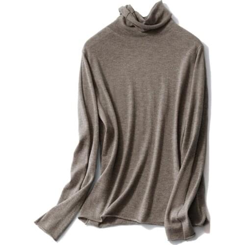 Women 100% Wool Turtleneck Sweater With Roll Edges Fall Winter Polo Neck Jumper