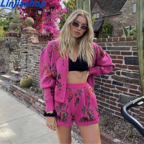 Vintage Women Matching Sets Floral Cardigan Sweater Hot pink High Waist Loose Mini Shorts V neck Center Buttons Sweater