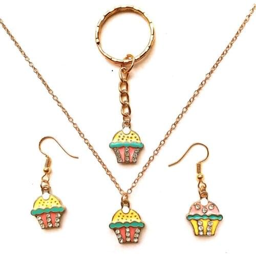 Double-sided Crystal rhinestone enamel ice cream jewelry set costume jewellery set necklace earrings keychain women fashion