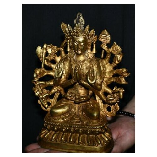 8''Old Tibet Buddhism Bronze Gilt 18 Arm 7 eyes White Tara Goddess Buddha Statue