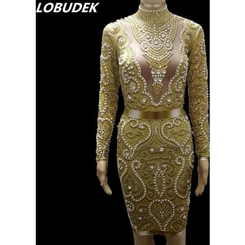 Sparkly Gold Glass Stones Dress Lady Nightclub Clothes Pearl Rhinestones Skinny Dress Birthday Celebration Outfit Singer Costume
