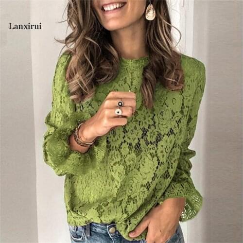 Spring Summer O-Neck Floral Lace Shirt Female Elegant Flare Long Sleeve Blouse Shirts Sexy Women Hollow Out Mesh Blusa Tops XXXL