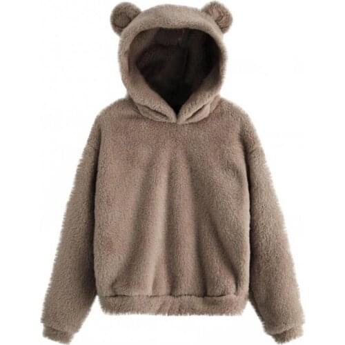 Fleece Teddy Hoodies Women Sweatshirt Long Sleeve Sweatshirt Warm Bear Ear Hooded Plush Hoodie Pullover Women Winter Outerwear