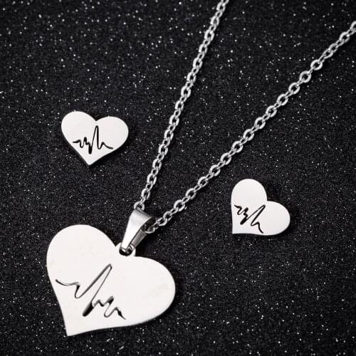 Hfarich Stainless Steel Chic Heart Heartbeat Sweater Chain Necklaces Pendants Wedding Jewelry Sets for Women Girls Bijoux Femme