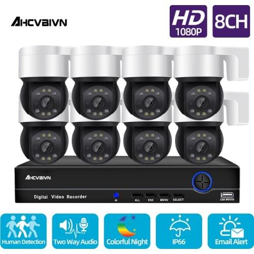 8CH POE NVR CCTV Camera Security System Kit 2MP Outdoor PTZ IP Dome Camera Set Two Way Audio Video Surveillance Kit 1080P ONVIF