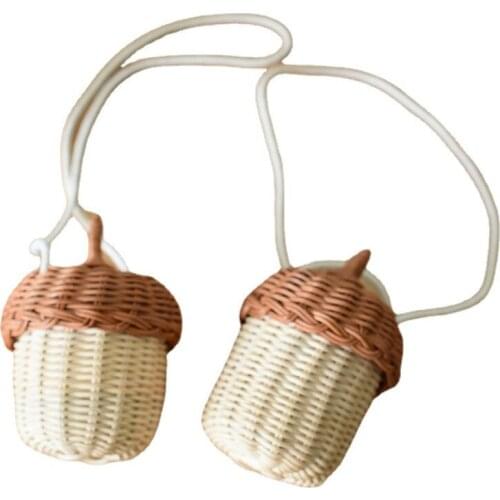Mini Handwoven Round Rattan Bucket Bag Women Small Casual Tropical Beach Style Woven Shoulder Rattan Handbag Photo Props