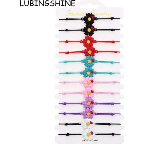 12pcs/lot Women Acrylic Daisy Sunflower Charms Bracelet Set Child Braided Adjustable Rope Chain Handmade Anklet Jewelry