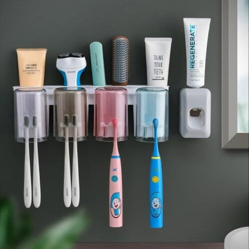 Wall-Mounted Toothbrush Holder Toothbrush Cup Set Toothpaste Squeezer Non-Punch Bathroom Storage Rack Organizer