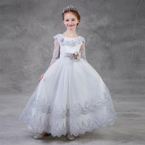2019 New White Flower Girl Dress Long Sweet Lace Flower Tulle Princess Dress O-neck Half-sleeve Big Girl Piano Performance Dress