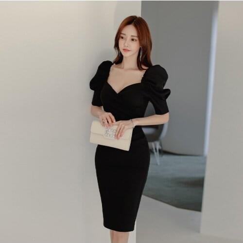 New arrival fashion spring midi party dress women OL temperament sexy low-cut v-neck vintage puff sleeve black slim pencil dress