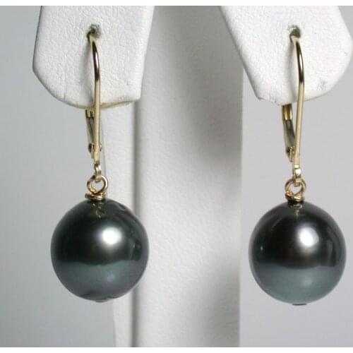 HUGE AAA 11-12MM BLACK SOUTH SEA PEARL DANGLE EARRING 14k/20 GOLD