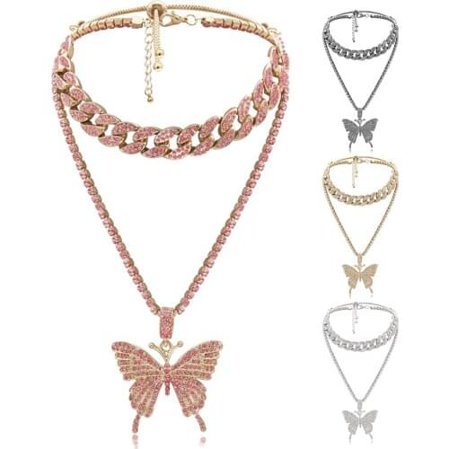 Butterfly Pendant Necklace Trendy Shiny Double Multi Layer Steampunk Hip Hop European Cool Fashion Wedding Jewelry Gift 2021