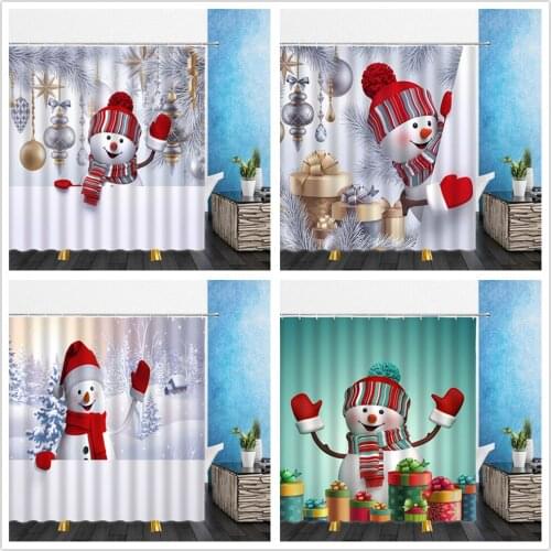 Christmas Shower Curtains Funny Cartoon Snowman Winter Snow Scenery Bathroom Decor Waterproof Polyester Cloth Curtain Set