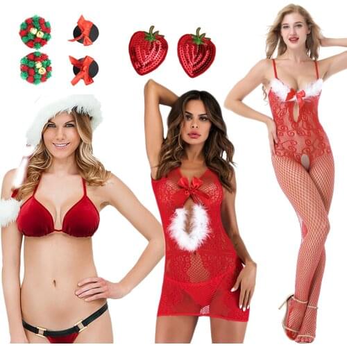 Christmas costume Sexy lingerie dress Socks Nipple Cover feather Elastic bowknot net flower Sling Open-Back Crotchless open