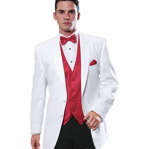 Custom Made Groom Tuxedo, Bespoke Notch Lapel White Suits with Red Vest, Tailor Made Wedding Suits for men