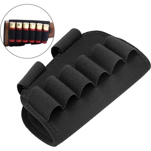 Tactical 6 Rounds Shotgun Buttstock 12 Gauge Ammo Shell Pouch Holder Hunting Gun Rifle Elastic Cheek Rest Mag Bandolier Bag