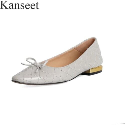 Kanseet New 2021 Spring Autumn Women Pumps Butterfly-Knot Genuine Leather Handmade Footwear Round Toe Hot Sale Low Heels Shoes