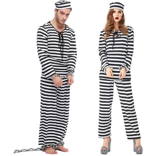 Umorden Unisex Adult Black White Striped Jailbird Prisoner Costume Women Men Couple Halloween Purim Party Costumes Fancy Dress