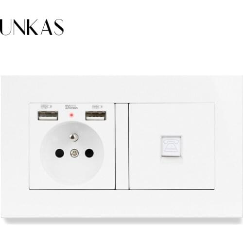 UNKAS French Standard Socket with 2 USB +1 Gang RJ11 2 Core Telephone Connector Connector PC Plastic Panel