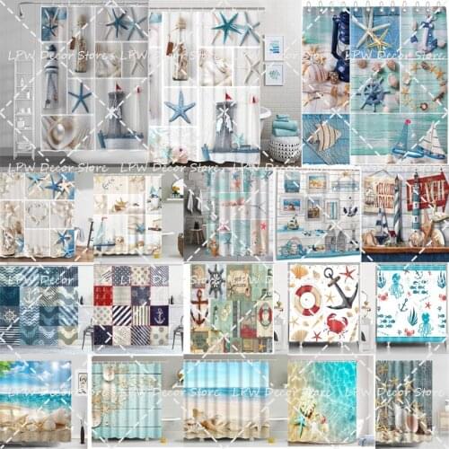 Nautical Shower Curtain Marine Sail Boat Beach Starfish Shell Sea Life Shower Curtain Durable Waterproof Fabric Shower Curtain
