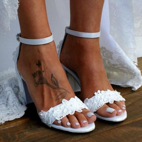 33 - 43 8cm High Heel White Wedding Shoes Women Block Heel Lace Satin Summer Sandals