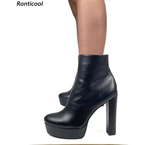 Ronticool New Fashion Women Winter Platform Men Ankle Boots Stable Block Heels Round Toe Black Casual Shoes Plus US Size 5-20
