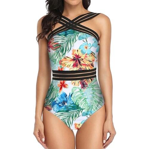 Womens Tropical Floral Striped Bikini Sexy Mesh One Piece Swimsuit Push Up Padded Swimwear Costumi Da Bagno Donna #T2G