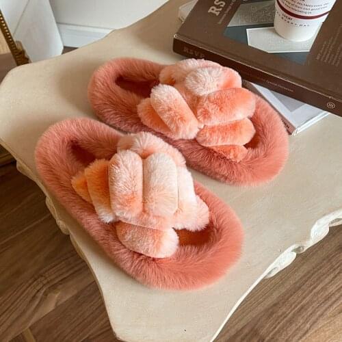 Large-Size Thick-Soled Hairy Shoes Women Cross-Gradient Rabbit Hair Comfortable Warm Gentlewoman Home Wool Cotton Fur Slippers