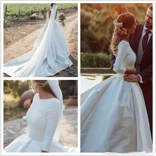 Sexy Backless A Line wedding Dresse Long sleeves simple Satin backless chapel train Vestido De nova Garden Bridal Gown