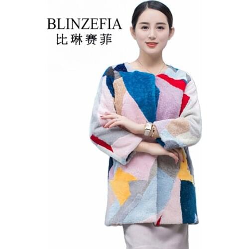 2020 BLINZEFIA Winter Women Patchwork Genuine Shearling Sheep Fur Coat Russian Warm Thick Real Shorn Sheepskin Fur Jacket BZ1090