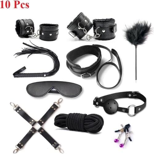 10pcs Sex Toys Exotic Accessories Erotic BDSM Bondage Set Handcuffs nipple clamps Whip Rope Sex Products For Couple women