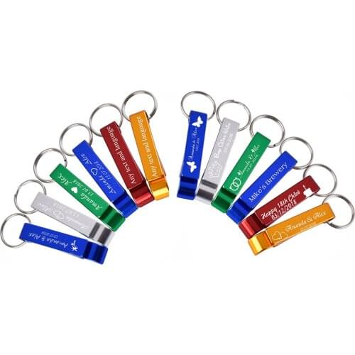 100PCS Personalized Engraved Bottle Openers Keyrings Keychain Wedding Favors Gift Chirstmas Business Logo Organza bags Choose