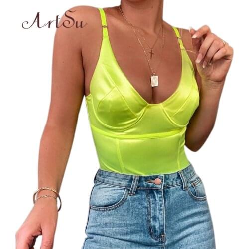 ArtSu Women Sexy Bodysuit Strap V-neck Black Bodycon Female Bodysuits Backless Catsuit Party Romper New Jumpsuit ASJU41265